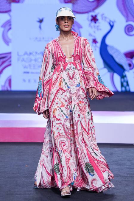 Buy_Limerick By Abirr N' Nanki_Multi Color Crepe Embroidered Paisley Hiya Balloon Sleeve Tiered Dress  