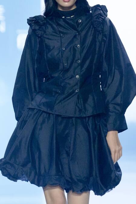 Rina Dhaka Black Silk Mandarin Collar Wrap Jacket And Bubble Hem Skirt Set Online at Aza Fashions Rina Dhaka_Black Silk Mandarin Collar Wrap Jacket And Bubble Hem Skirt Set_Online_at_Aza_Fashions