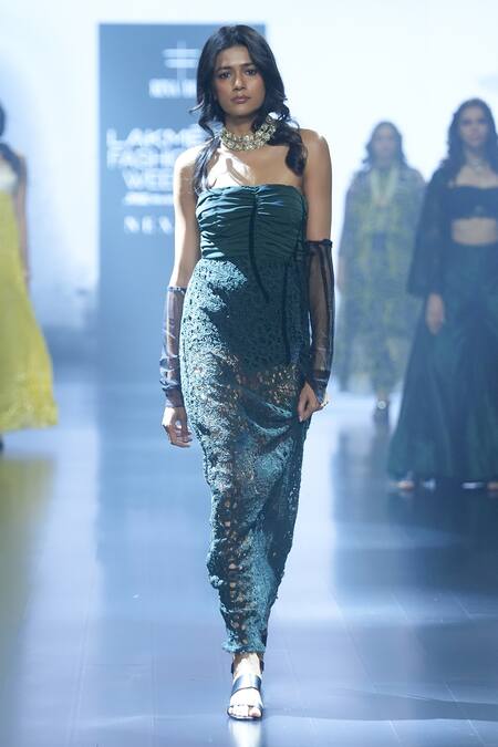 Rina Dhaka Green Cotton Cut Work Square Neck Crochet And Ruched Dress Online at Aza Fashions Rina Dhaka_Green Cotton Cut Work Square Neck Crochet And Ruched Dress _Online_at_Aza_Fashions