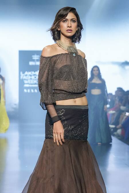 Rina Dhaka_Brown Organza And Lurex Soft Knit One Shoulder Off Blouse & Skirt Set_Online_at_Aza_Fashions