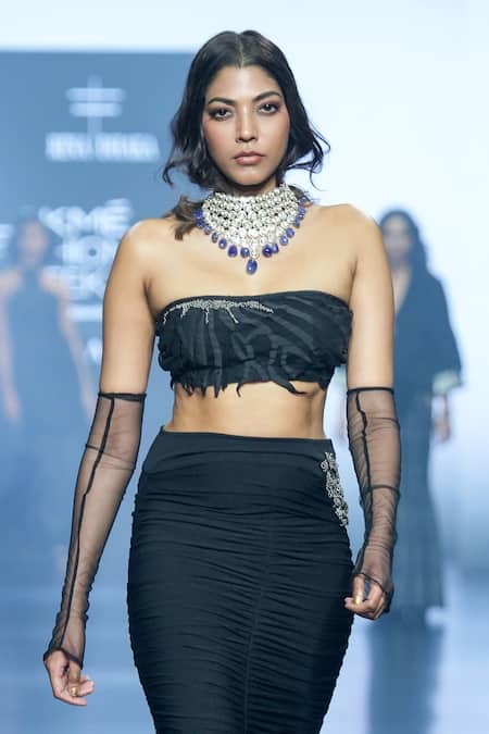 Rina Dhaka_Black Silk Beads, Embroidery Sweetheart Neck Tube Crop Top And Skirt Set _Online_at_Aza_Fashions