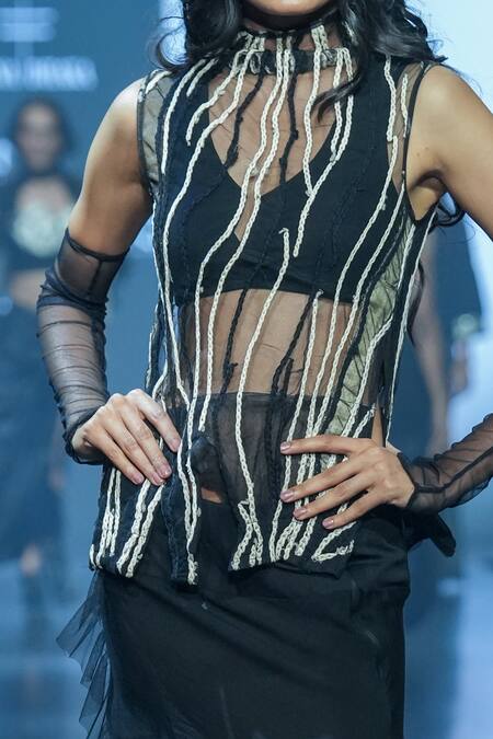 Rina Dhaka_Black Silk Embroidered Chain Stitch Goth Lines High Neck Top And Ruffle Skirt Set _Online_at_Aza_Fashions