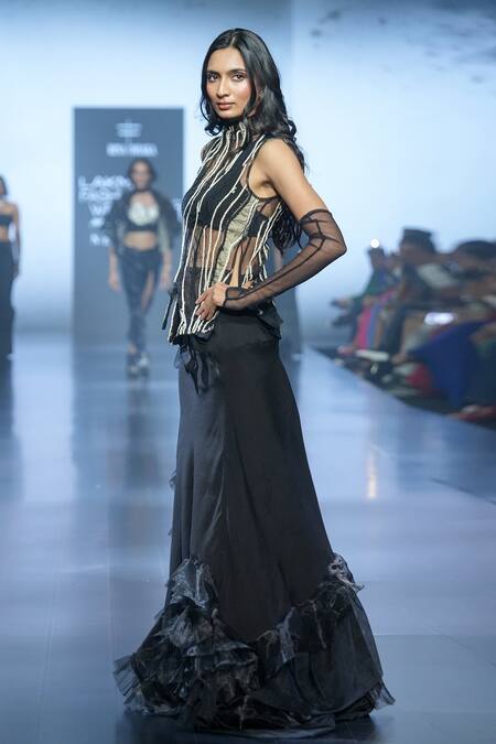 Buy_Rina Dhaka_Black Silk Embroidered Chain Stitch Goth Lines High Neck Top And Ruffle Skirt Set _Online_at_Aza_Fashions