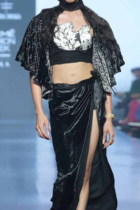 Rina Dhaka Black Velvet Embroidered Metal Beads High Neck Dhoti Skirt Set With Cape Online at Aza Fashions Rina Dhaka_Black Velvet Embroidered Metal Beads High Neck Dhoti Skirt Set With Cape _Online_at_Aza_Fashions