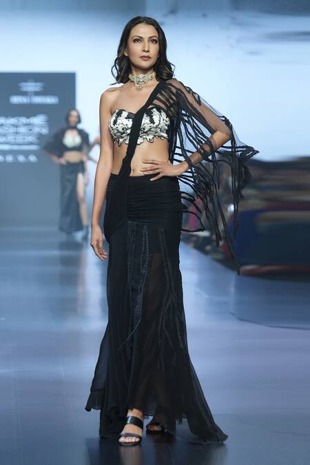 Rina Dhaka_Black Georgette Embroidered Pre-draped Skirt Saree With Goth Pattern Blouse _Online_at_Aza_Fashions