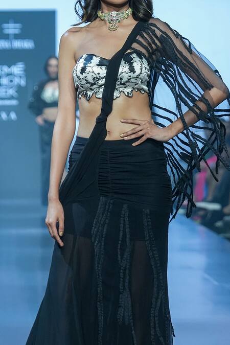 Buy_Rina Dhaka_Black Georgette Embroidered Pre-draped Skirt Saree With Goth Pattern Blouse _Online_at_Aza_Fashions