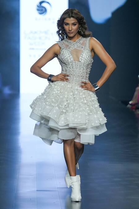 Saisha Shinde_Ivory Tulle Embroidery Sequin Round Dress  _Online_at_Aza_Fashions