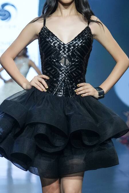 Buy_Saisha Shinde_Black Faux Leather Plain V Neck Ruffle Dress  _Online_at_Aza_Fashions
