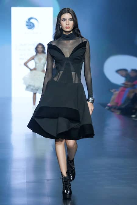 Saisha Shinde_Black Denim Plain Round High Neck Velvet Full Sleeve Dress  _Online_at_Aza_Fashions
