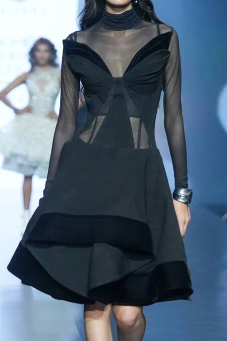 Buy_Saisha Shinde_Black Denim Plain Round High Neck Velvet Full Sleeve Dress  _Online_at_Aza_Fashions