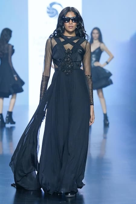 Saisha Shinde_Black Silk Embroidery Bead Boat Neck And Stone Saree Gown _Online_at_Aza_Fashions