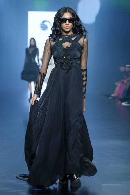 Buy_Saisha Shinde_Black Silk Embroidery Bead Boat Neck And Stone Saree Gown _Online_at_Aza_Fashions