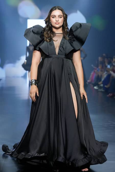 Saisha Shinde_Black Silk Plain Illusion Sheer Ruffle Sleeve Gown  _Online_at_Aza_Fashions
