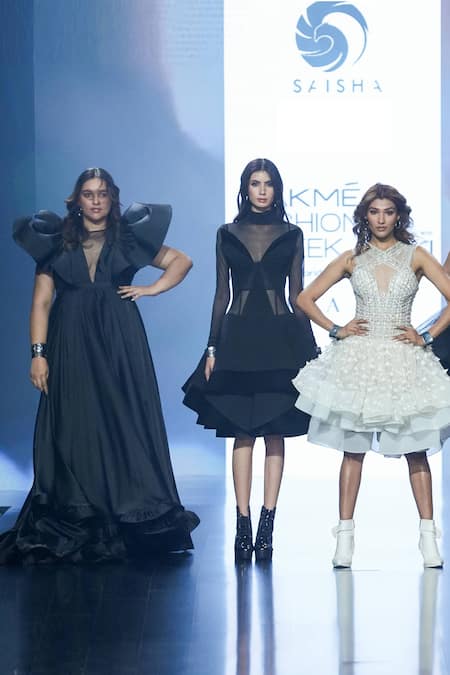 Buy_Saisha Shinde_Black Silk Plain Illusion Sheer Ruffle Sleeve Gown  _Online_at_Aza_Fashions
