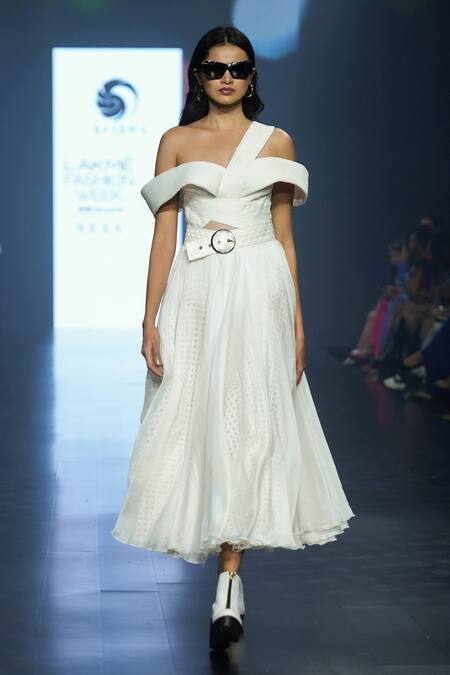 Buy_Saisha Shinde_Ivory Silk Embroidery Lace One Shoulder Stripe Pattern Dress  _Online_at_Aza_Fashions