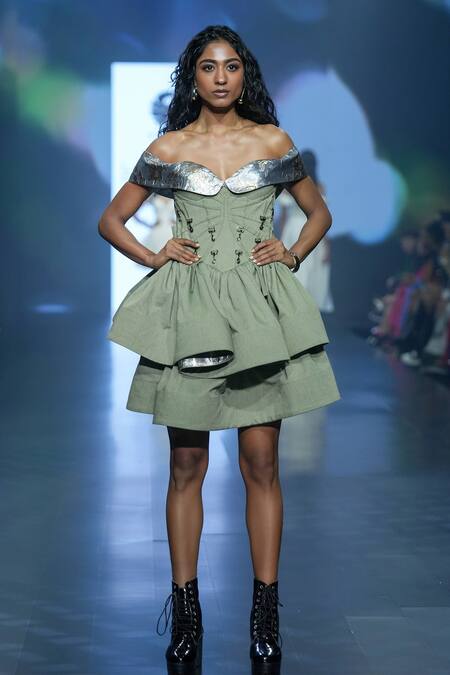 Buy_Saisha Shinde_Green Denim Embellishment Buckle One Shoulder Off Dress  _Online_at_Aza_Fashions