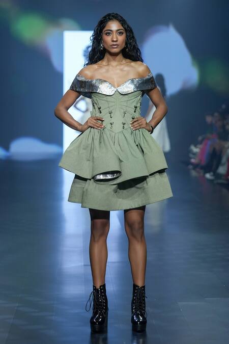 Shop_Saisha Shinde_Green Denim Embellishment Buckle One Shoulder Off Dress  _Online_at_Aza_Fashions