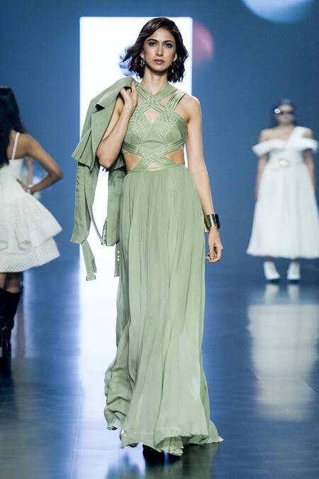 Buy_Saisha Shinde_Green Georgette Basket Weave V Neck Pattern Gown With Jacket  _Online_at_Aza_Fashions