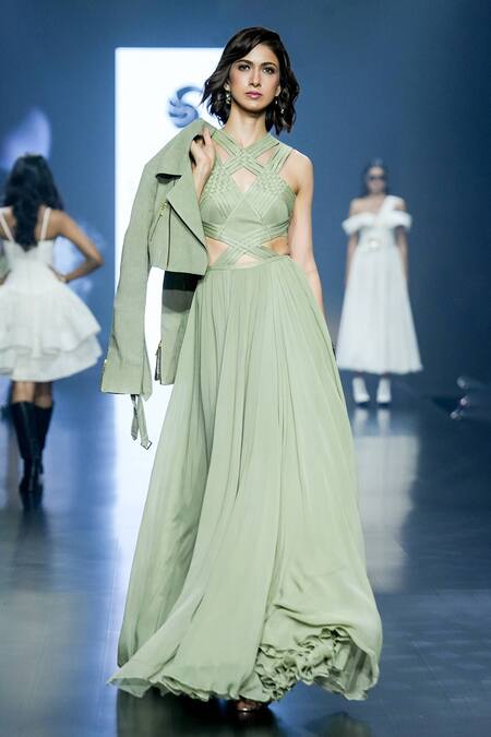 Buy_Saisha Shinde_Green Georgette, Denim Cropped Biker Jacket _Online_at_Aza_Fashions