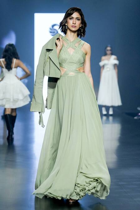 Shop_Saisha Shinde_Green Georgette Basket Weave V Neck Pattern Gown With Jacket  _Online_at_Aza_Fashions