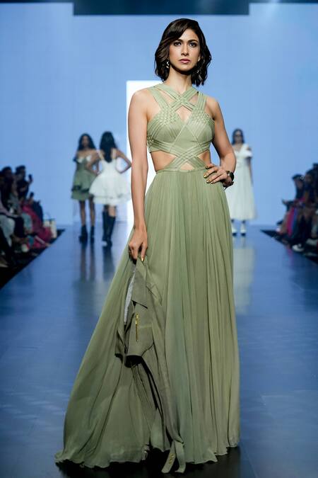 Shop_Saisha Shinde_Green Georgette, Denim Cropped Biker Jacket _Online_at_Aza_Fashions