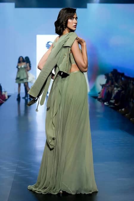 Saisha Shinde_Green Georgette, Denim Cropped Biker Jacket _at_Aza_Fashions