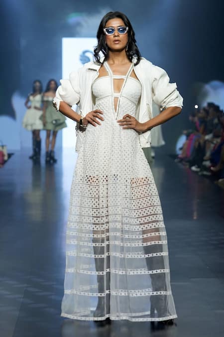 Buy_Saisha Shinde_Ivory Tulle Embroidery Lace V Neck Cutwork Dress  _Online_at_Aza_Fashions