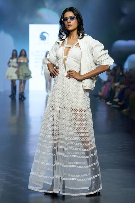 Shop_Saisha Shinde_Ivory Tulle Embroidery Lace V Neck Cutwork Dress  _Online_at_Aza_Fashions