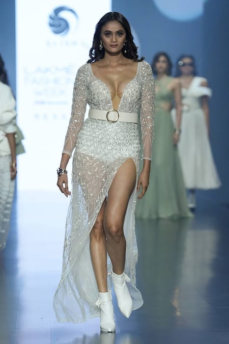 Saisha Shinde_Ivory Tulle Embroidered Sequin Leaf Neck Hand Sheer Evening Gown  _Online_at_Aza_Fashions