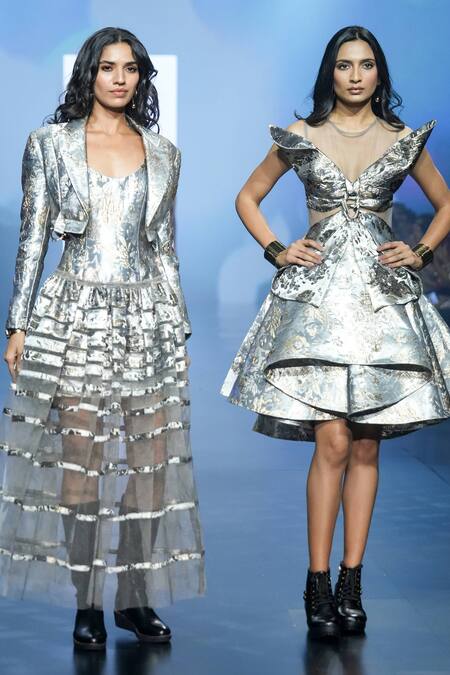 Buy_Saisha Shinde_Grey Tulle And Jacquard Woven Floral Motifs Scoop Pattern Flared Dress  _Online_at_Aza_Fashions