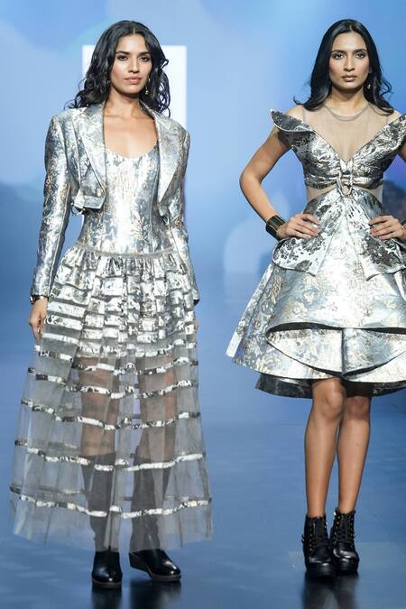 Saisha Shinde_Grey Tulle, Jacquard Embroidery Collared Woven Cropped Jacket _Online_at_Aza_Fashions