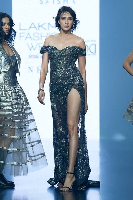 Saisha Shinde_Grey Net Hand Embroidered Cutdana And Sequin One Shoulder Off Gown  _Online_at_Aza_Fashions