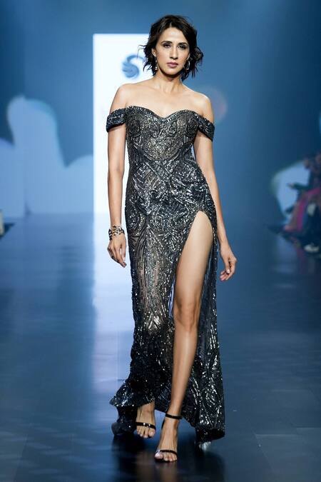 Shop_Saisha Shinde_Grey Net Hand Embroidered Cutdana And Sequin One Shoulder Off Gown  _Online_at_Aza_Fashions