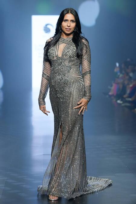 Saisha Shinde_Grey Net Hand Embroidered Crystals Round Evening Gown  _Online_at_Aza_Fashions