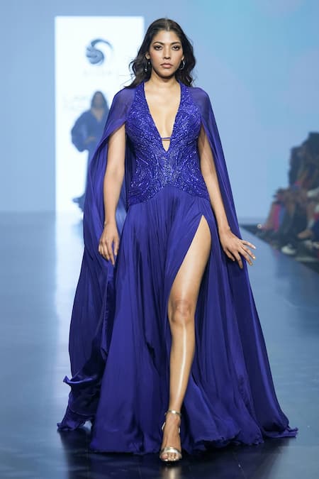 Buy_Saisha Shinde_Blue Silk And Chiffon Hand Embroidered Cutdana & Sequin Front Slit Gown  _Online_at_Aza_Fashions