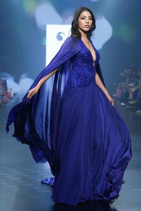 Buy_Saisha Shinde_Blue Silk And Chiffon Hand Embroidered Cutdana & Sequin Front Slit Gown  