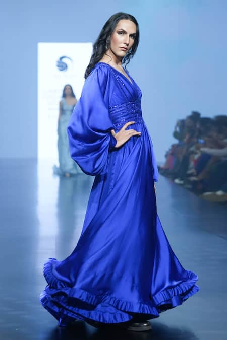 Shop_Saisha Shinde_Blue Silk Hand Embroidered Cutdana And Balloon Sleeve Bodice Gown  _Online_at_Aza_Fashions