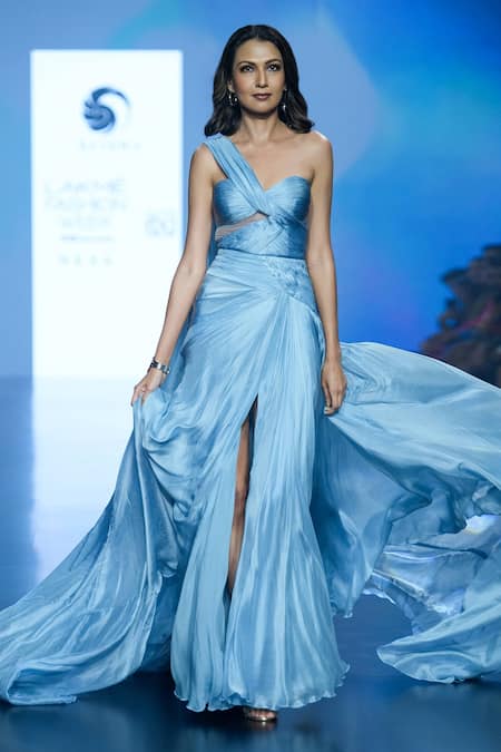 Shop_Saisha Shinde_Blue Silk And Chiffon One Shoulder Ruched Gown  _Online_at_Aza_Fashions