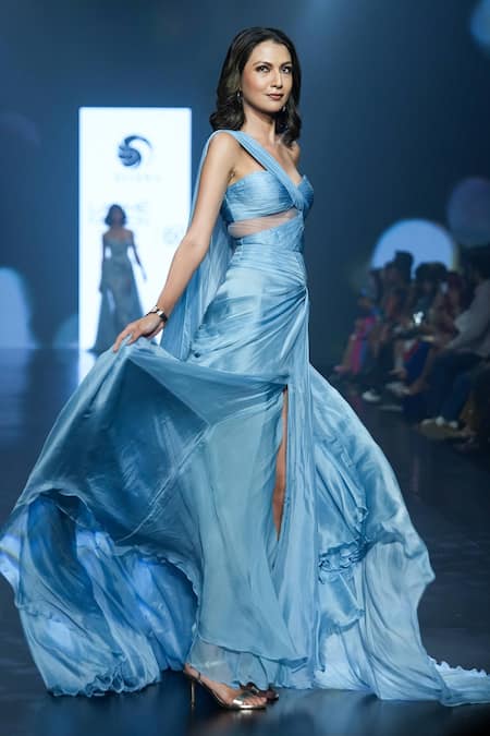 Saisha Shinde_Blue Silk And Chiffon One Shoulder Ruched Gown  _at_Aza_Fashions
