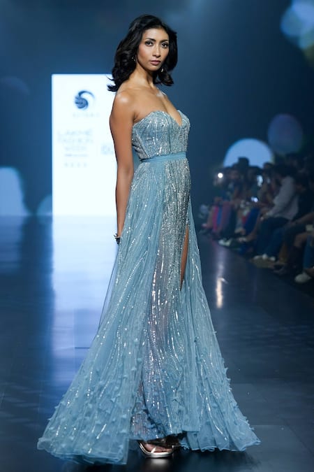 Saisha Shinde_Blue Tulle And Organza Hand Embroidered Cutdana & Strapless Gown  _at_Aza_Fashions