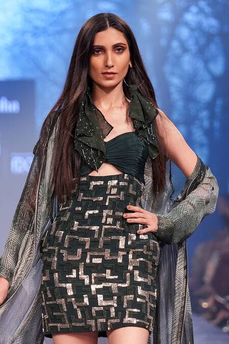 Buy_Nirmooha_Emerald Green Crepe Beads Sweetheart Neck Geometric Embroidered Short Dress _Online_at_Aza_Fashions