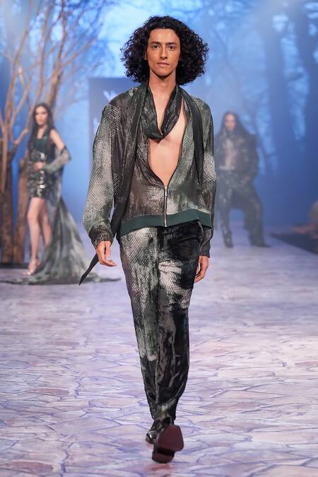 Nirmooha_Green Lurex Embroidery Metallic Bomber Jacket _Online_at_Aza_Fashions