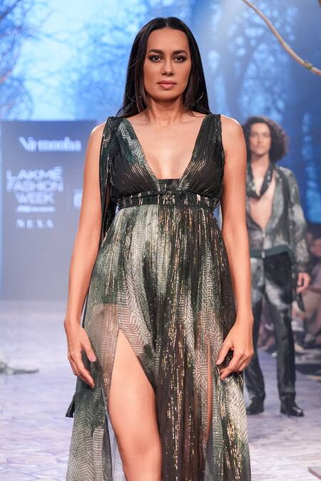 Nirmooha_Emerald Green Lurex Beads Plunge Neck Abstract Print Gown _Online_at_Aza_Fashions