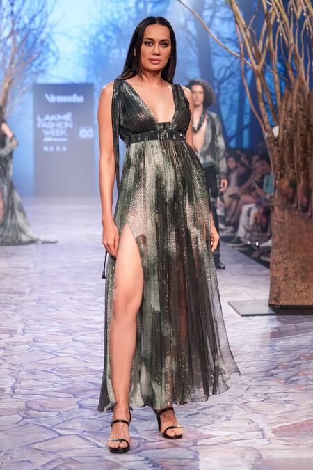 Shop_Nirmooha_Emerald Green Lurex Beads Plunge Neck Abstract Print Gown _Online_at_Aza_Fashions