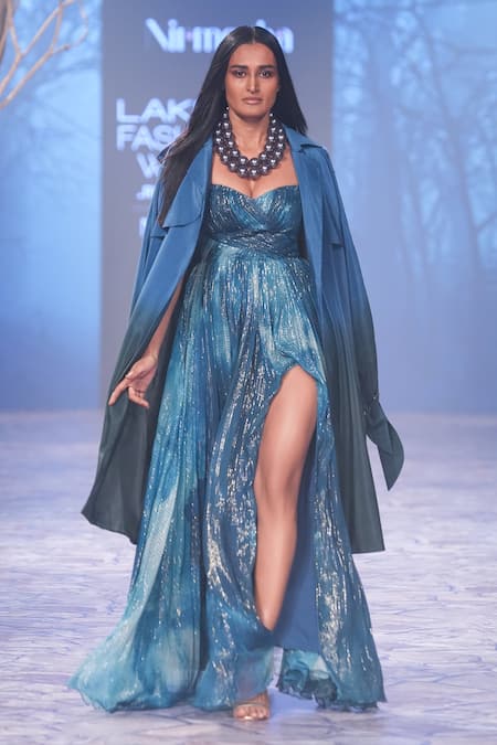 Buy_Nirmooha_Blue Lurex Sweetheart Neck Abstract Print Draped Gown _Online_at_Aza_Fashions