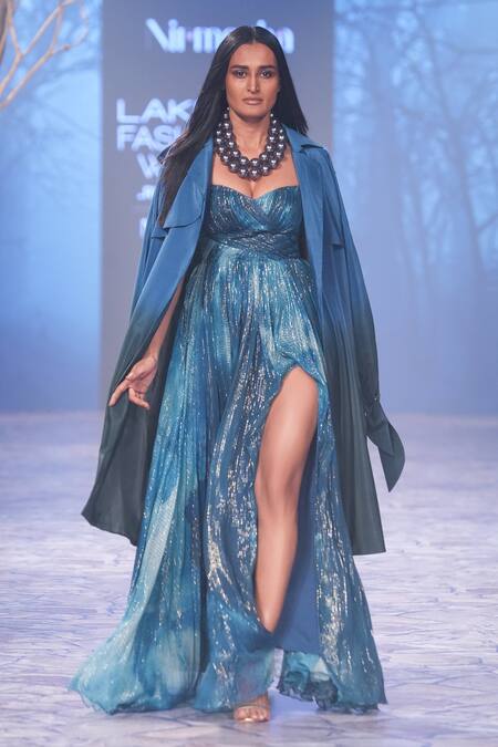 Nirmooha Blue Crepe Collared Ombre Trench Coat With Belt Online at Aza Fashions Nirmooha_Blue Crepe Collared Ombre Trench Coat With Belt _Online_at_Aza_Fashions