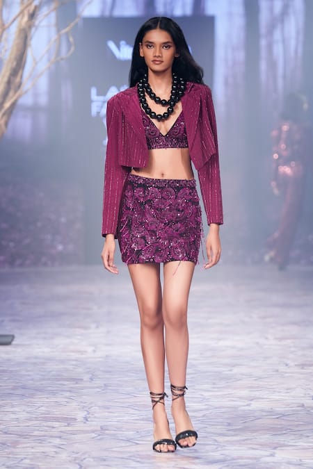 Nirmooha_Purple Silk Sequins Metallic Embroidered Skirt _Online_at_Aza_Fashions