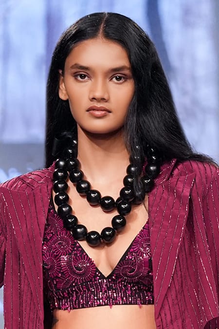 Nirmooha_Purple Microfiber Sequins Plunge Neck Embroidered Bralette _Online_at_Aza_Fashions