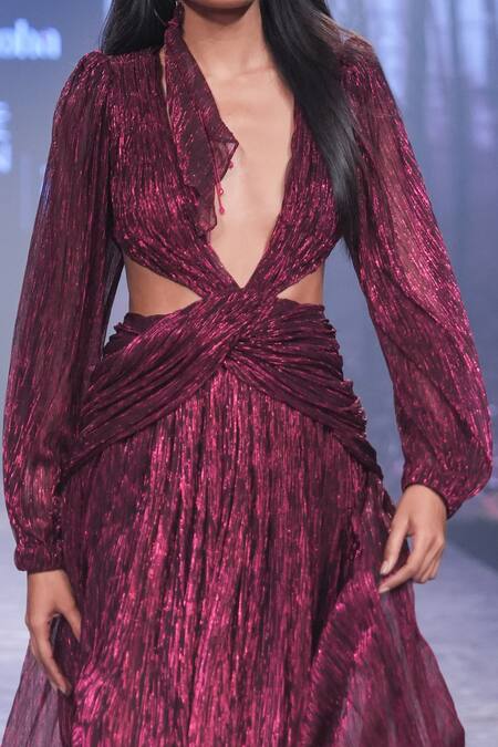 Nirmooha Purple Plunge Neck Metallic Draped Gown Online at Aza Fashions Nirmooha_Purple Plunge Neck Metallic Draped Gown _Online_at_Aza_Fashions