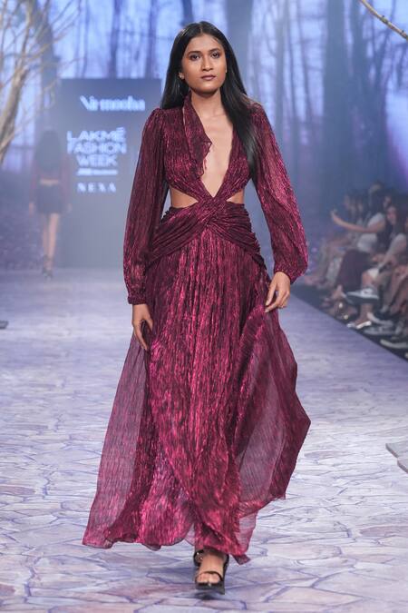 Buy Nirmooha Purple Plunge Neck Metallic Draped Gown Online at Aza Fashions Buy_Nirmooha_Purple Plunge Neck Metallic Draped Gown _Online_at_Aza_Fashions